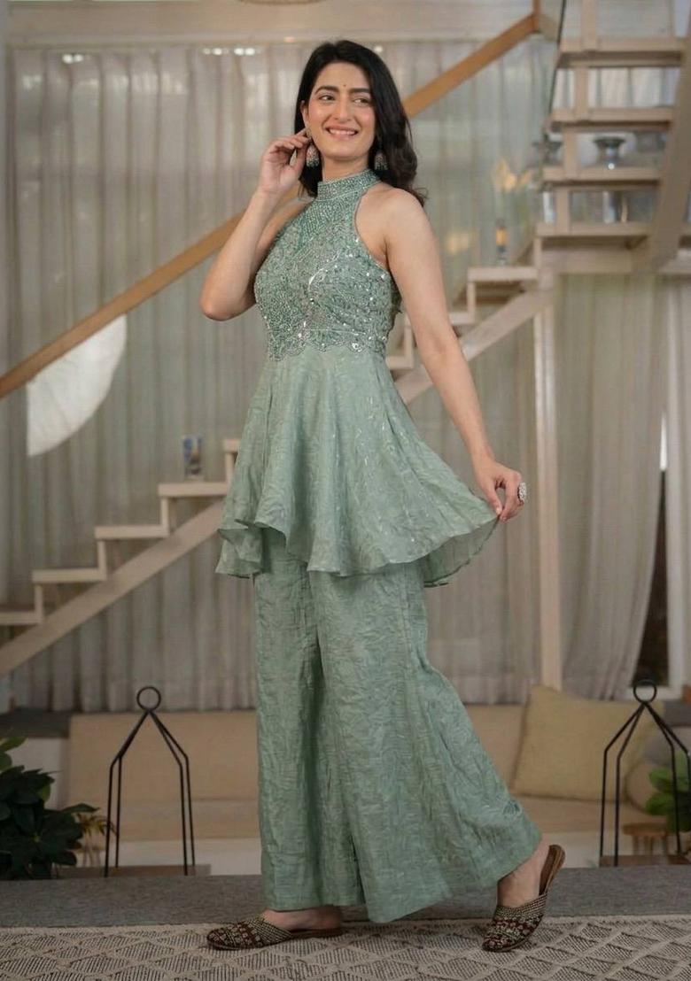 Grey Moti Work Silk Kurta Set - Indya