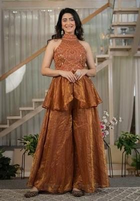Rust Moti Work Silk Kurta Set