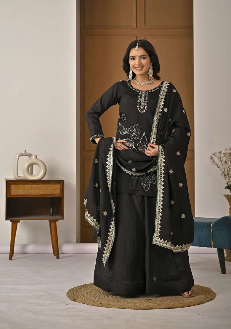 Black Sequin Work Silk Kurta Set - Indya