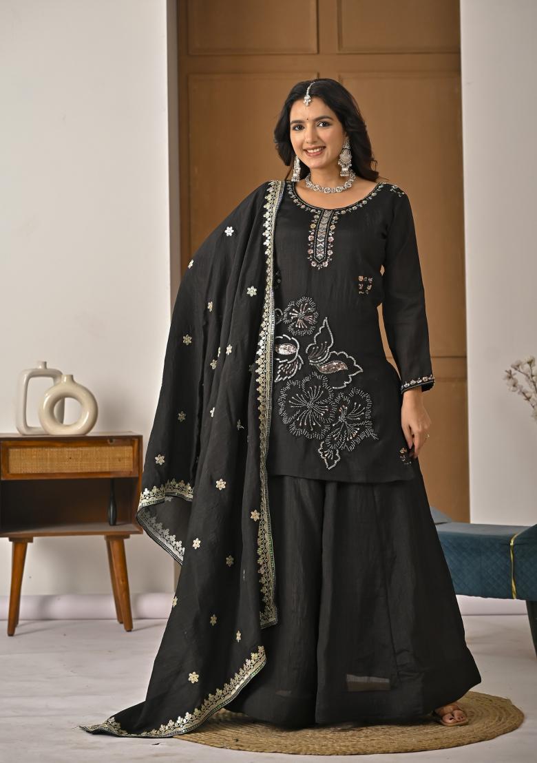 Black Sequin Work Silk Kurta Set - Indya