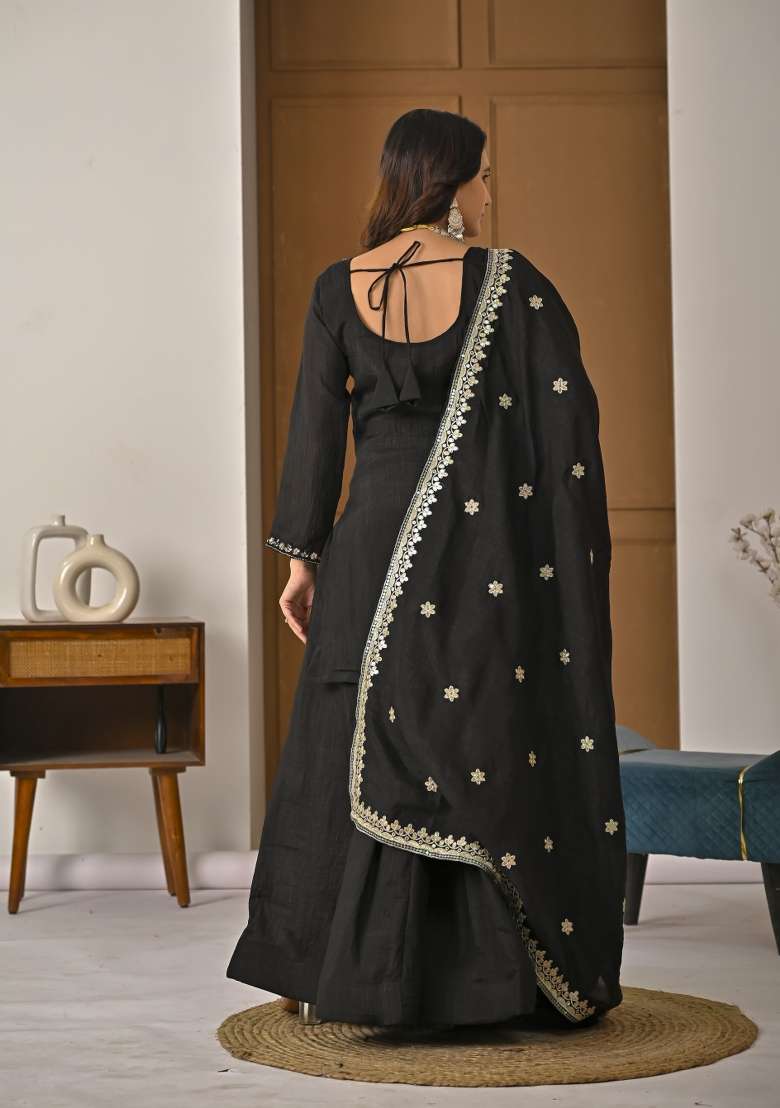 Black Sequin Work Silk Kurta Set - Indya