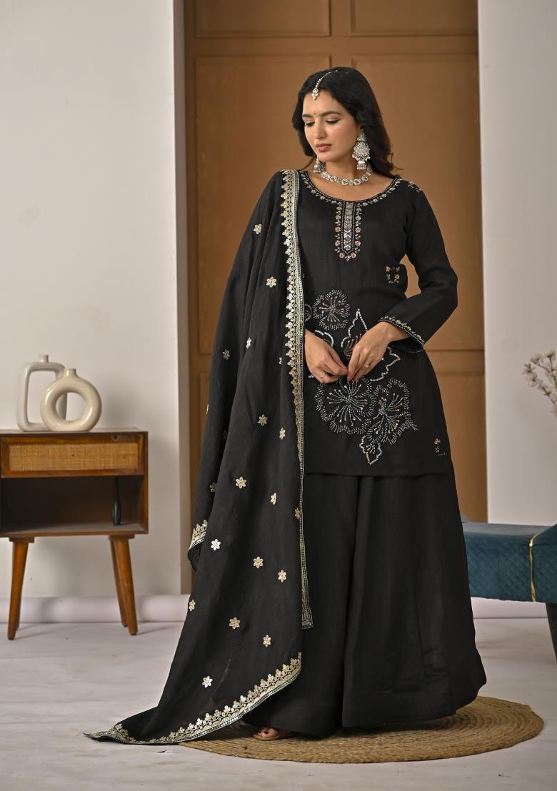 Black Sequin Work Silk Kurta Set - Indya