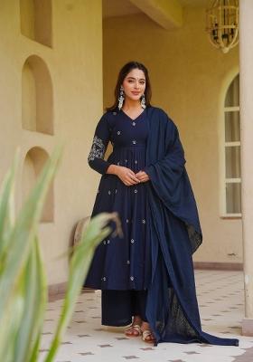 Navy Blue Embroidery Silk Kurta Set