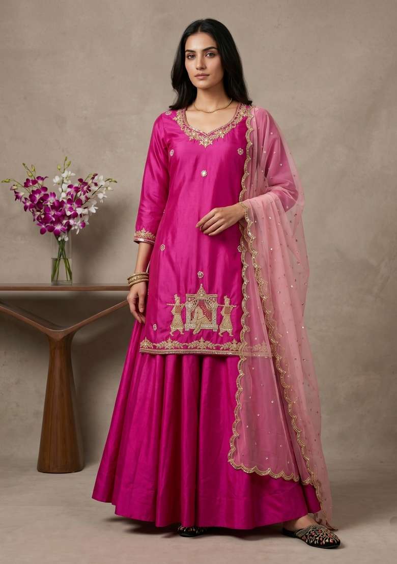 Pink Sequin Work Silk Kurta Set - Indya