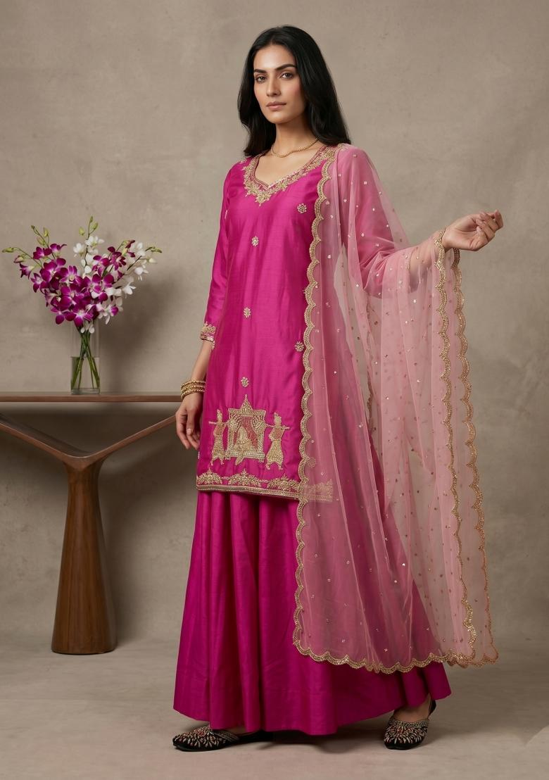 Pink Sequin Work Silk Kurta Set - Indya