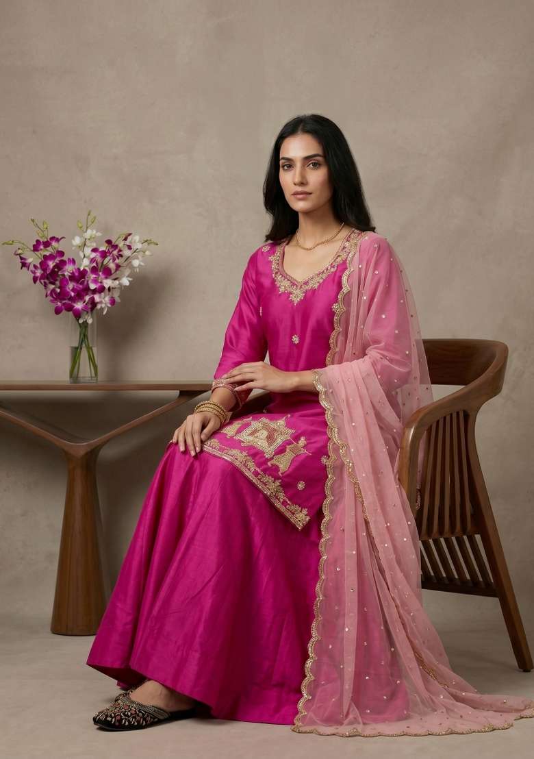 Pink Sequin Work Silk Kurta Set - Indya