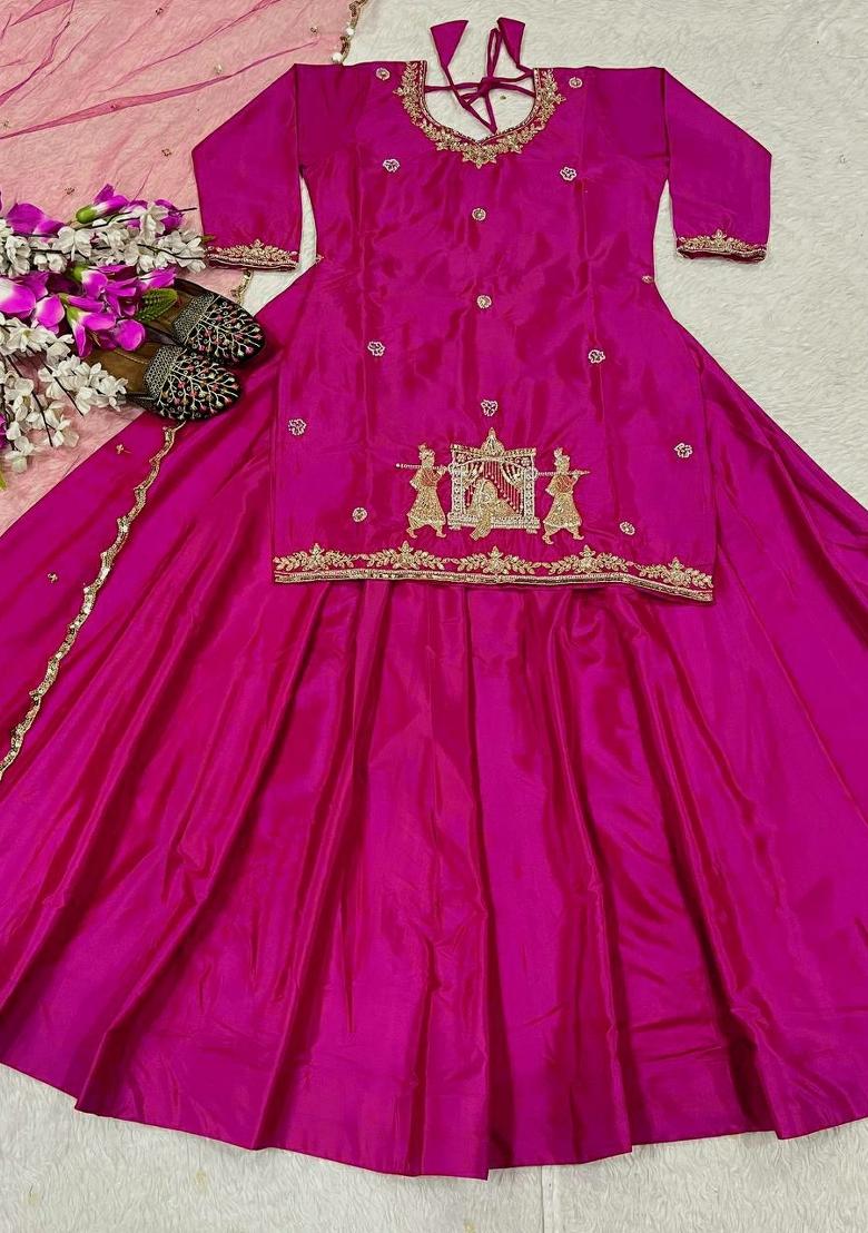 Pink Sequin Work Silk Kurta Set - Indya
