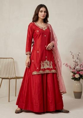 Red Sequin Work Silk Kurta Set