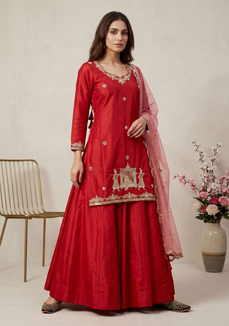 Red Sequin Work Silk Kurta Set - Indya