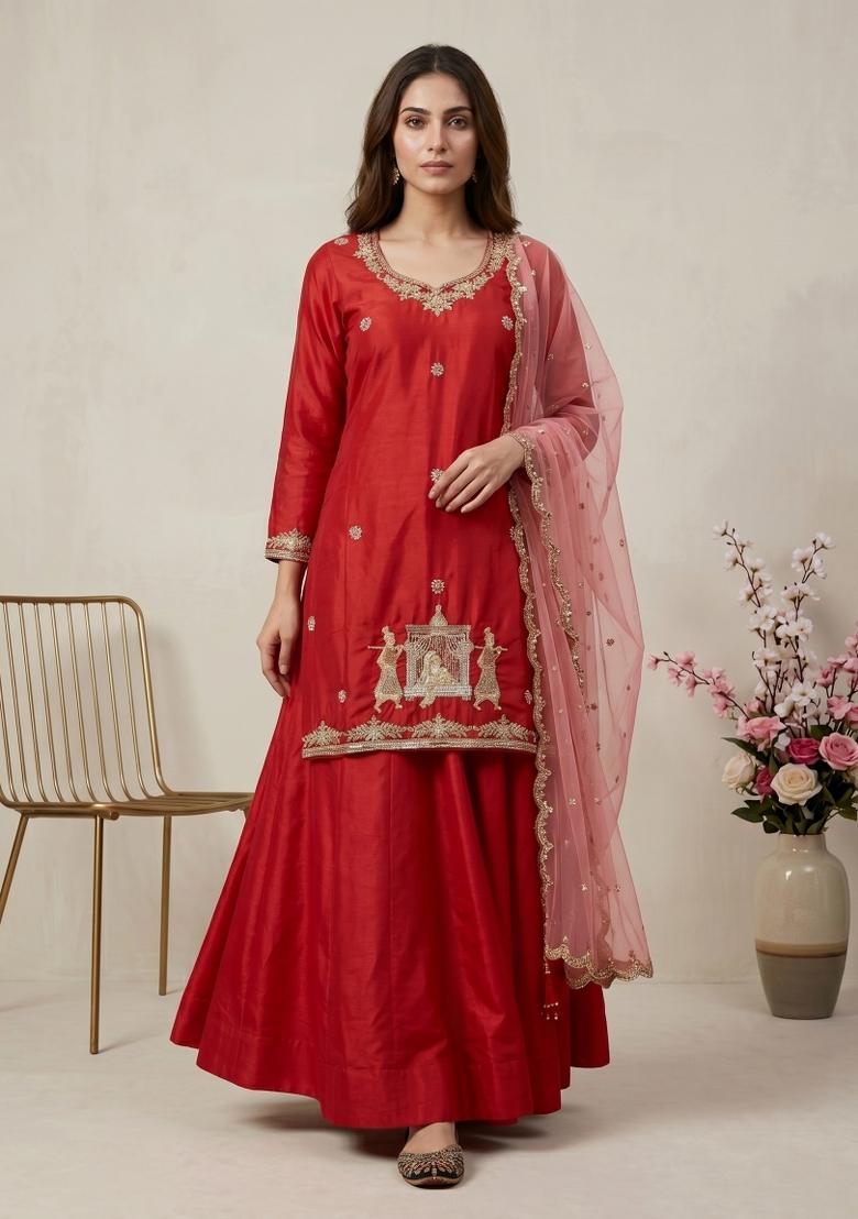 Red Sequin Work Silk Kurta Set - Indya