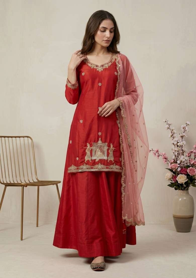 Red Sequin Work Silk Kurta Set - Indya