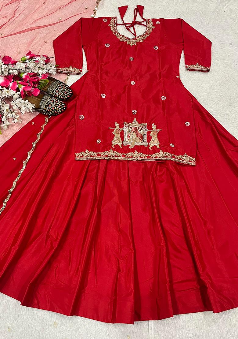Red Sequin Work Silk Kurta Set - Indya