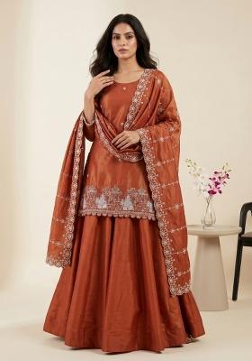 Orange Sequin Work Silk Kurta Set