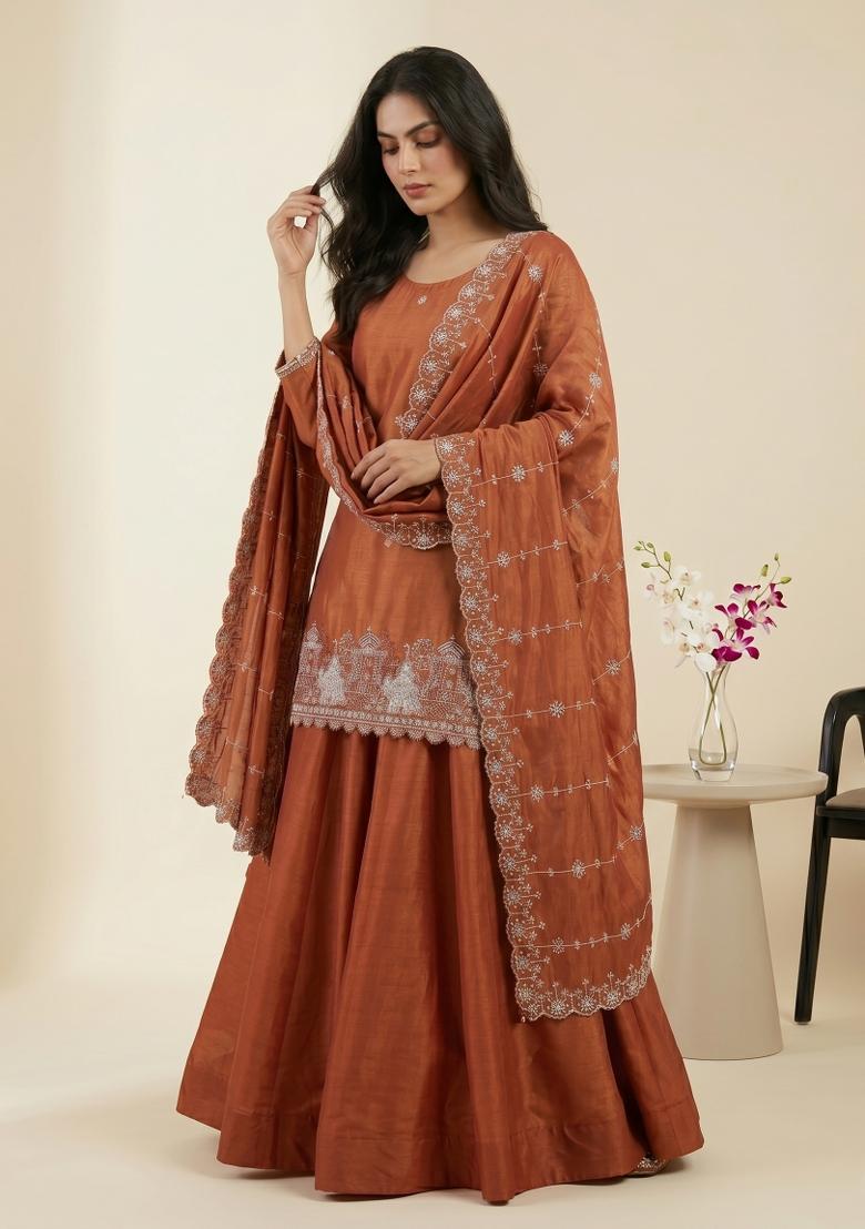 Orange Sequin Work Silk Kurta Set - Indya
