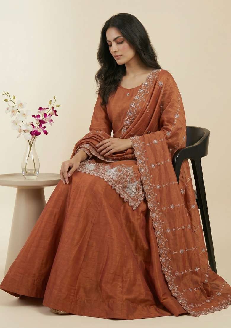 Orange Sequin Work Silk Kurta Set - Indya