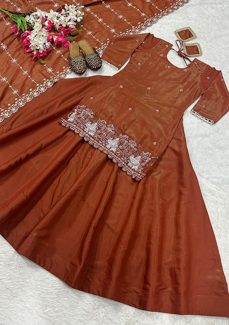Orange Sequin Work Silk Kurta Set - Indya