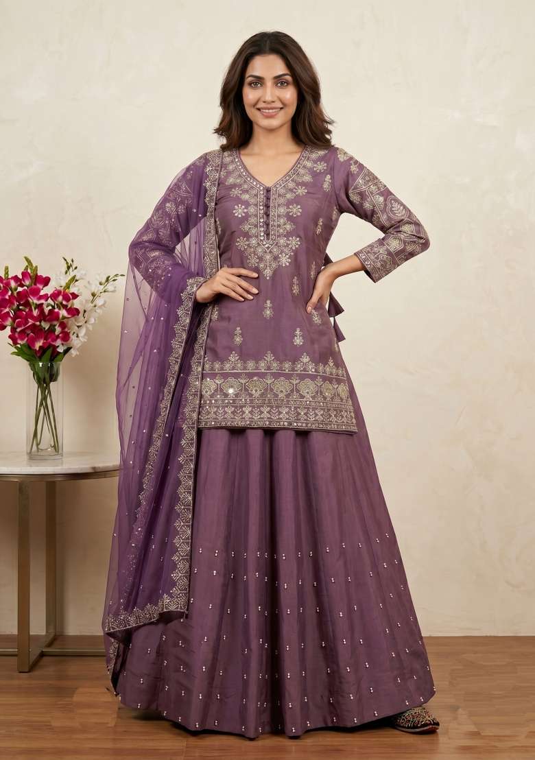 Lavender Sequin Work Silk Kurta Set - Indya