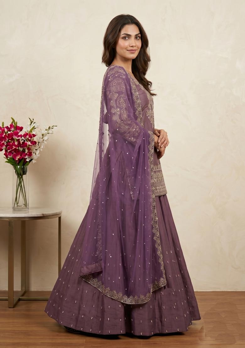 Lavender Sequin Work Silk Kurta Set - Indya