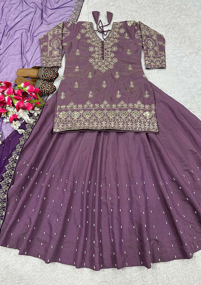 Lavender Sequin Work Silk Kurta Set - Indya