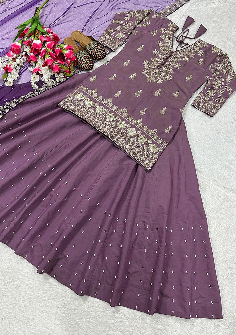 Lavender Sequin Work Silk Kurta Set - Indya