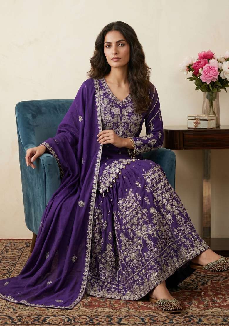 Purple Sequin Work Silk Kurta Set - Indya