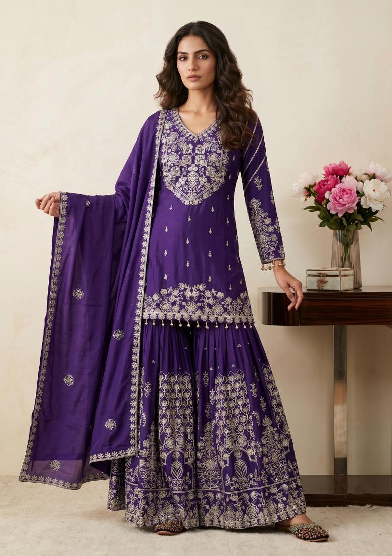 Purple Sequin Work Silk Kurta Set - Indya