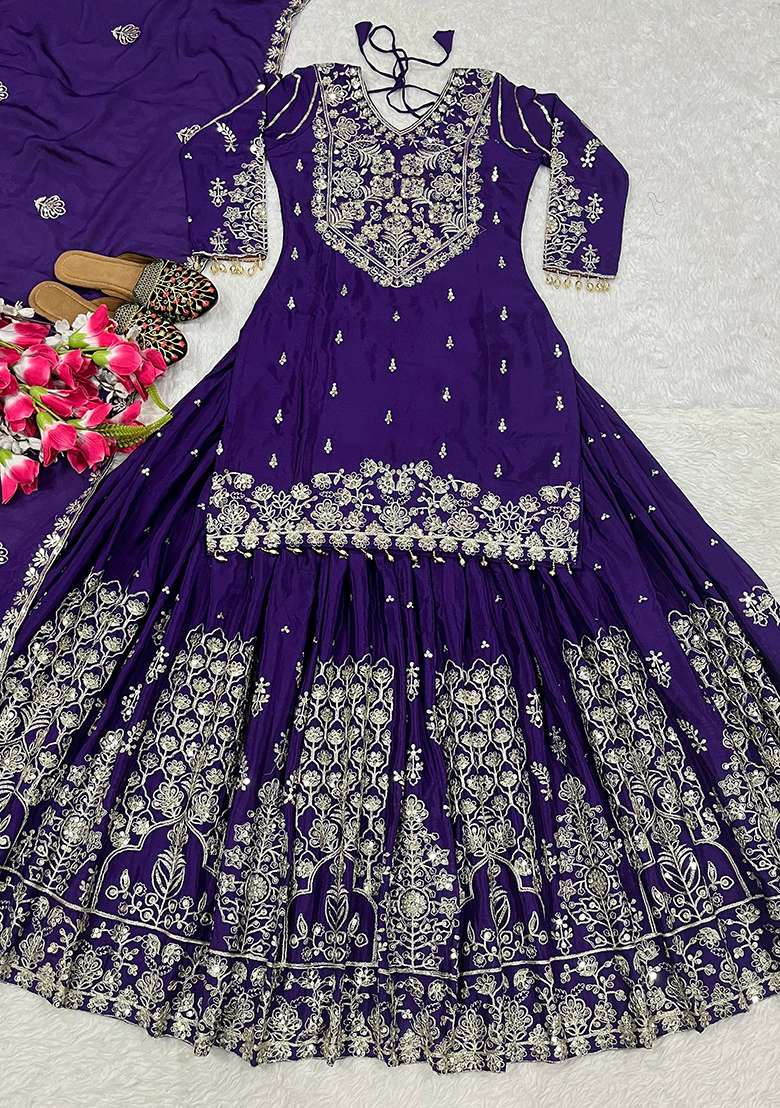 Purple Sequin Work Silk Kurta Set - Indya
