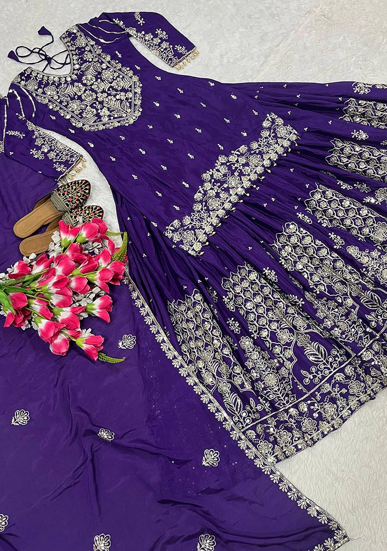 Purple Sequin Work Silk Kurta Set - Indya