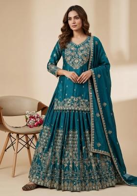 Teal Sequin Work Silk Kurta Set