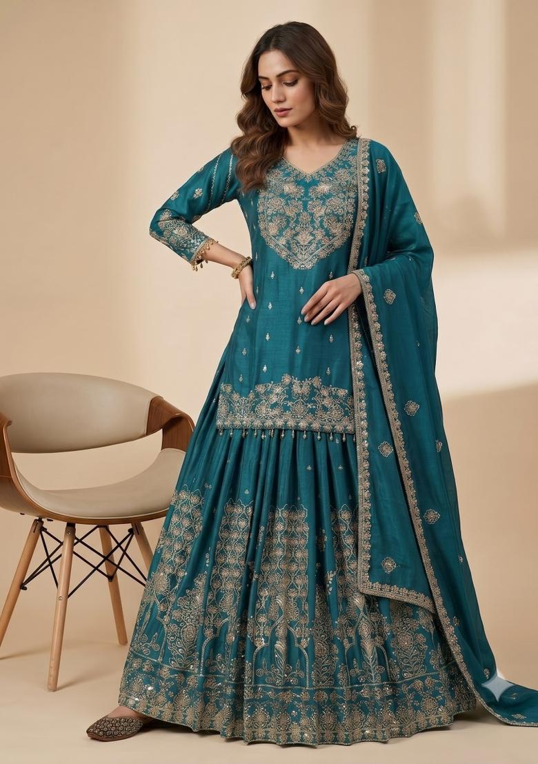 Teal Sequin Work Silk Kurta Set - Indya