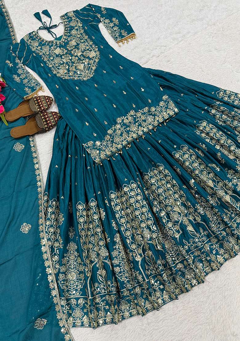 Teal Sequin Work Silk Kurta Set - Indya