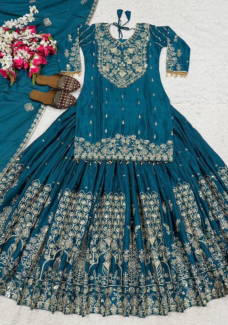 Teal Sequin Work Silk Kurta Set - Indya