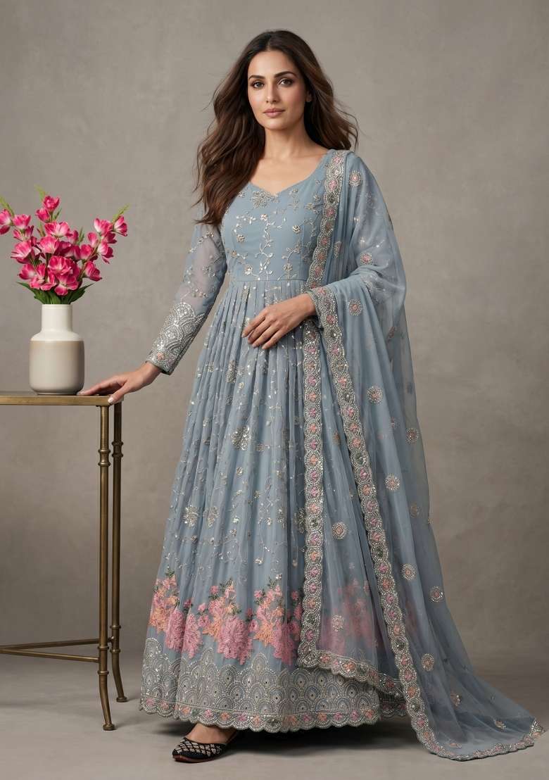 Grey Sequin Work Georgette Kurta Set - Indya