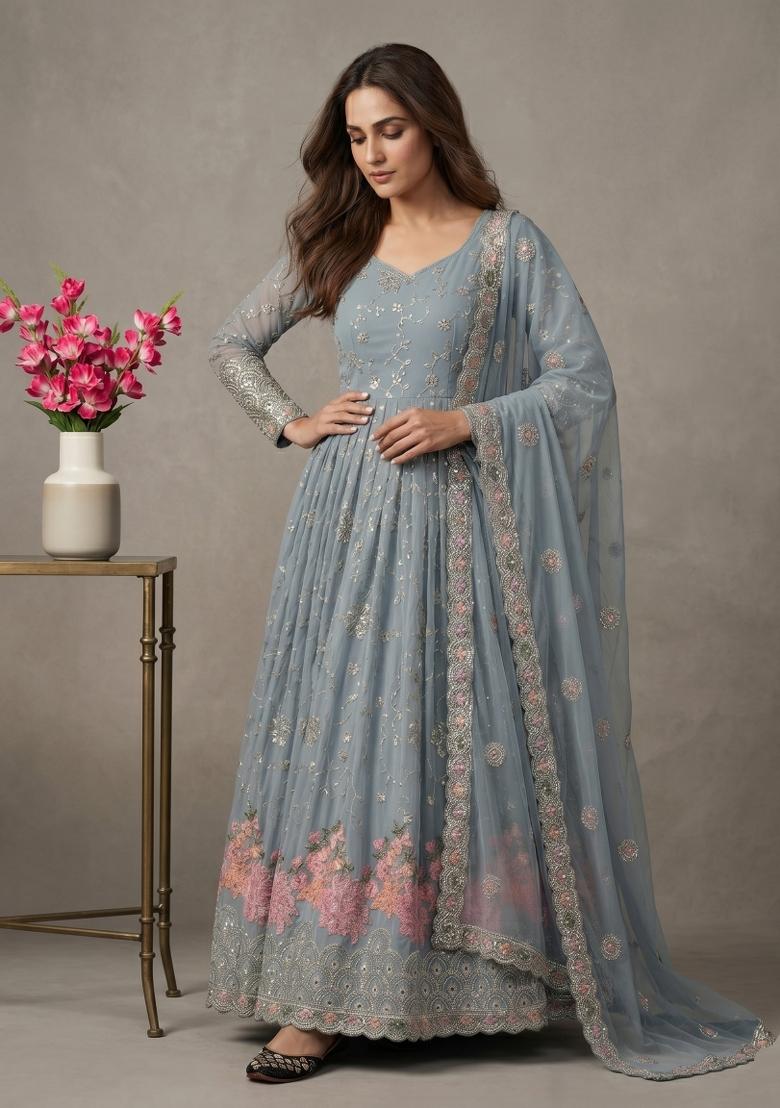 Grey Sequin Work Georgette Kurta Set - Indya