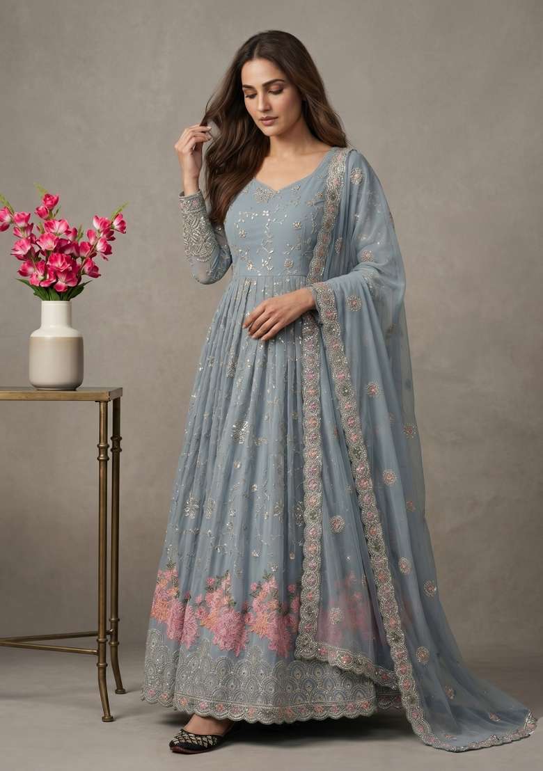 Grey Sequin Work Georgette Kurta Set - Indya