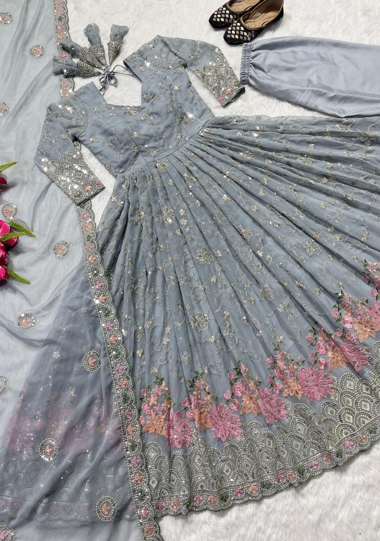 Grey Sequin Work Georgette Kurta Set - Indya