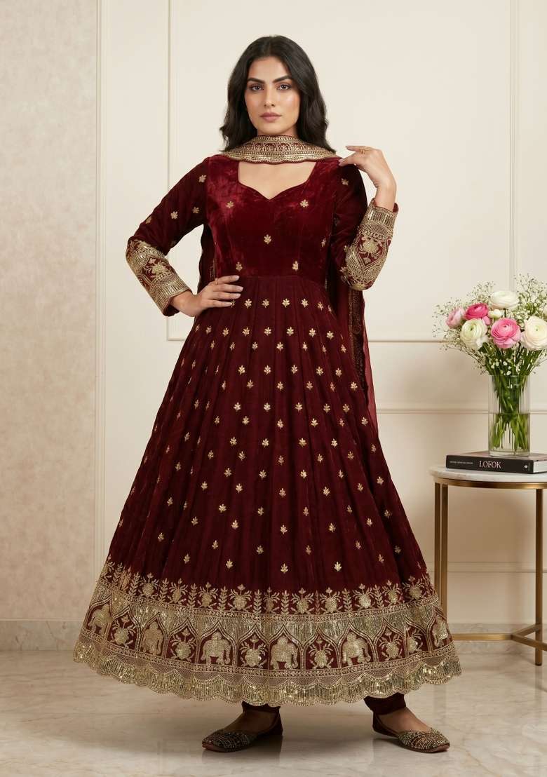 Maroon Sequin Work Silk Kurta Set - Indya