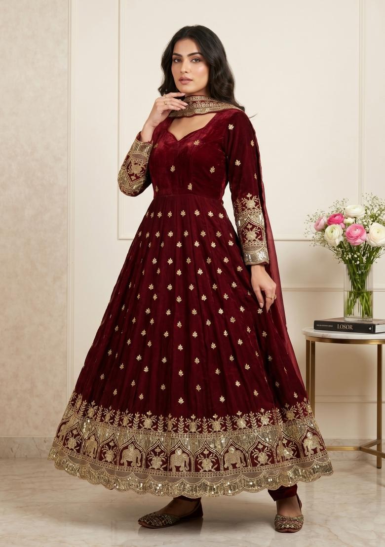 Maroon Sequin Work Silk Kurta Set - Indya