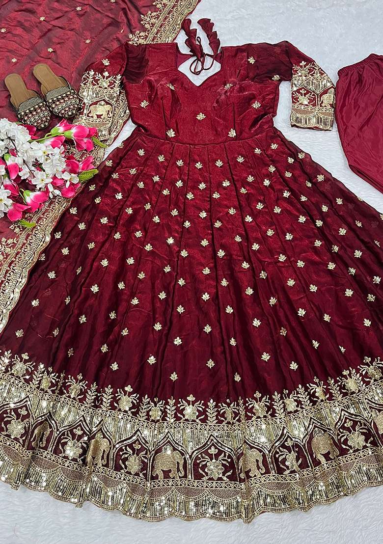 Maroon Sequin Work Silk Kurta Set - Indya