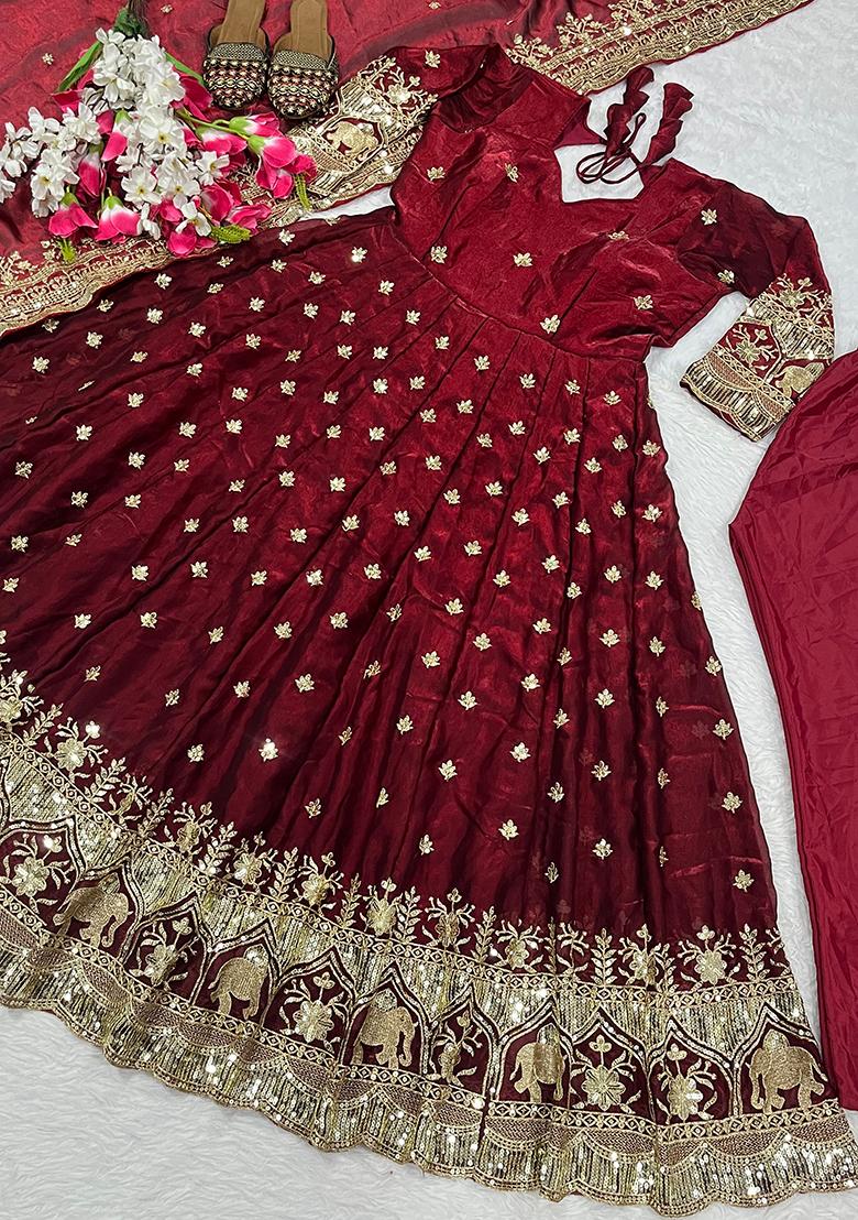 Maroon Sequin Work Silk Kurta Set - Indya