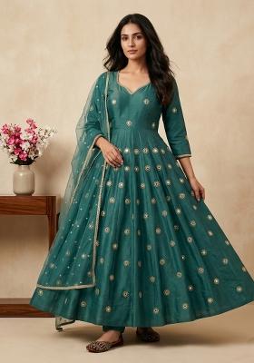 Teal Blue Sequin Work Silk Kurta Set