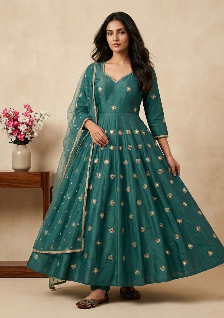 Teal Blue Sequin Work Silk Kurta Set - Indya