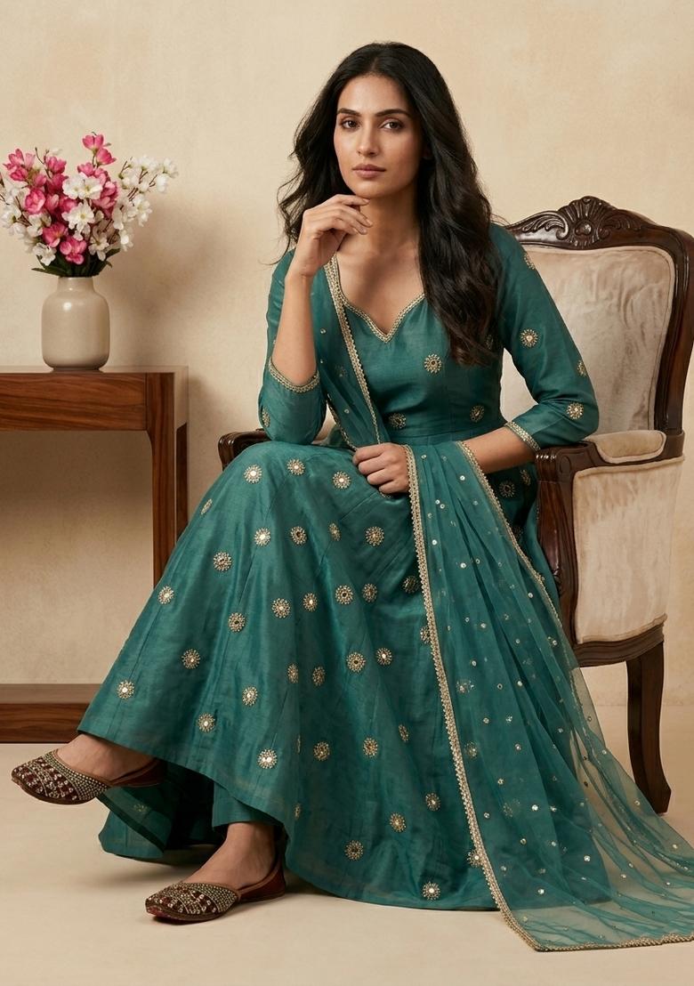 Teal Blue Sequin Work Silk Kurta Set - Indya