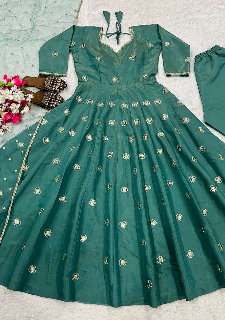 Teal Blue Sequin Work Silk Kurta Set - Indya