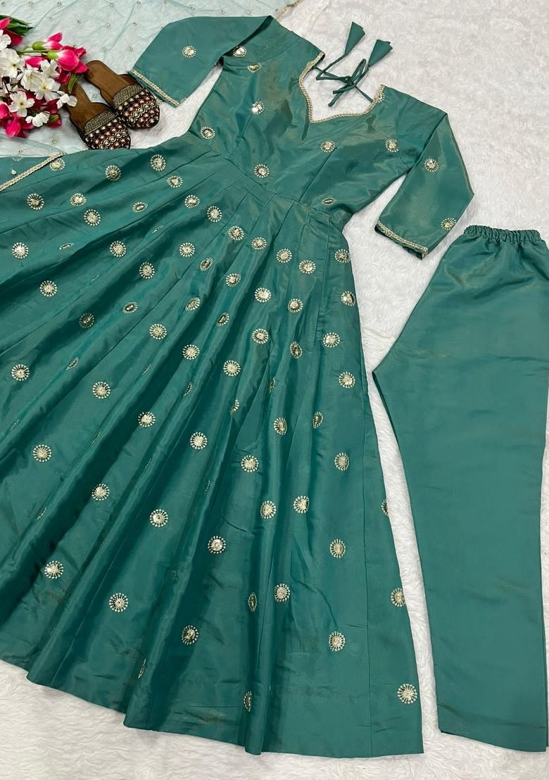 Teal Blue Sequin Work Silk Kurta Set - Indya