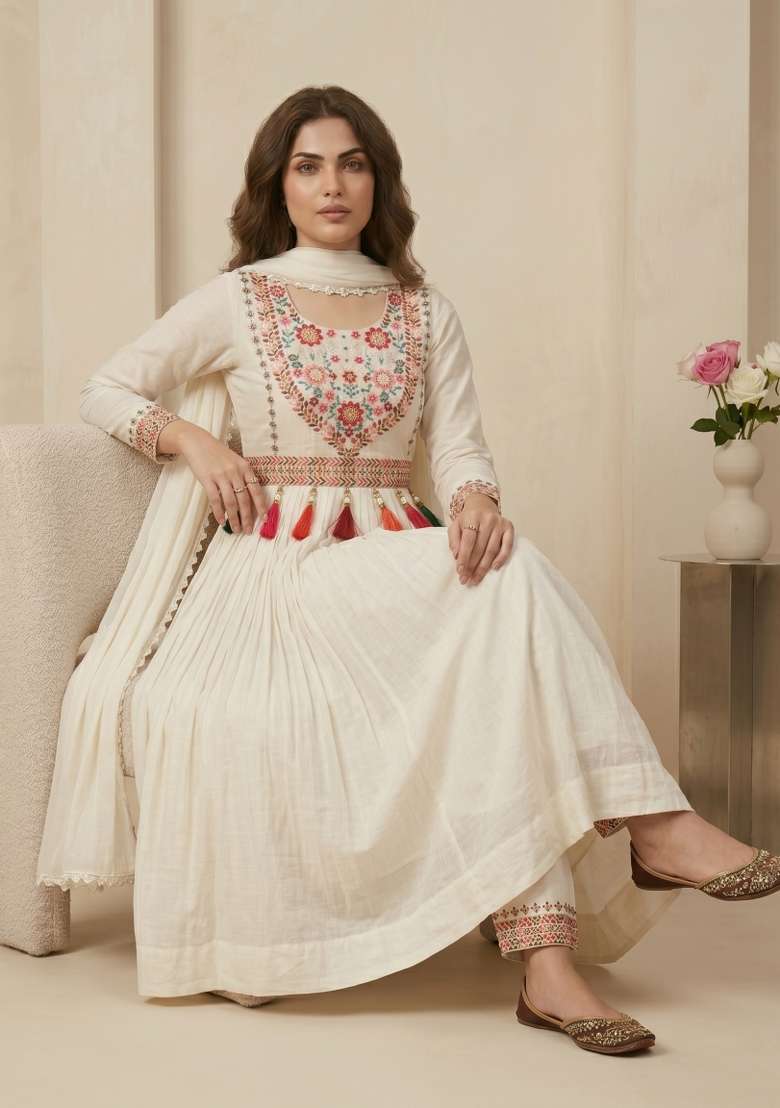 White Sequin Work Silk Kurta Set - Indya