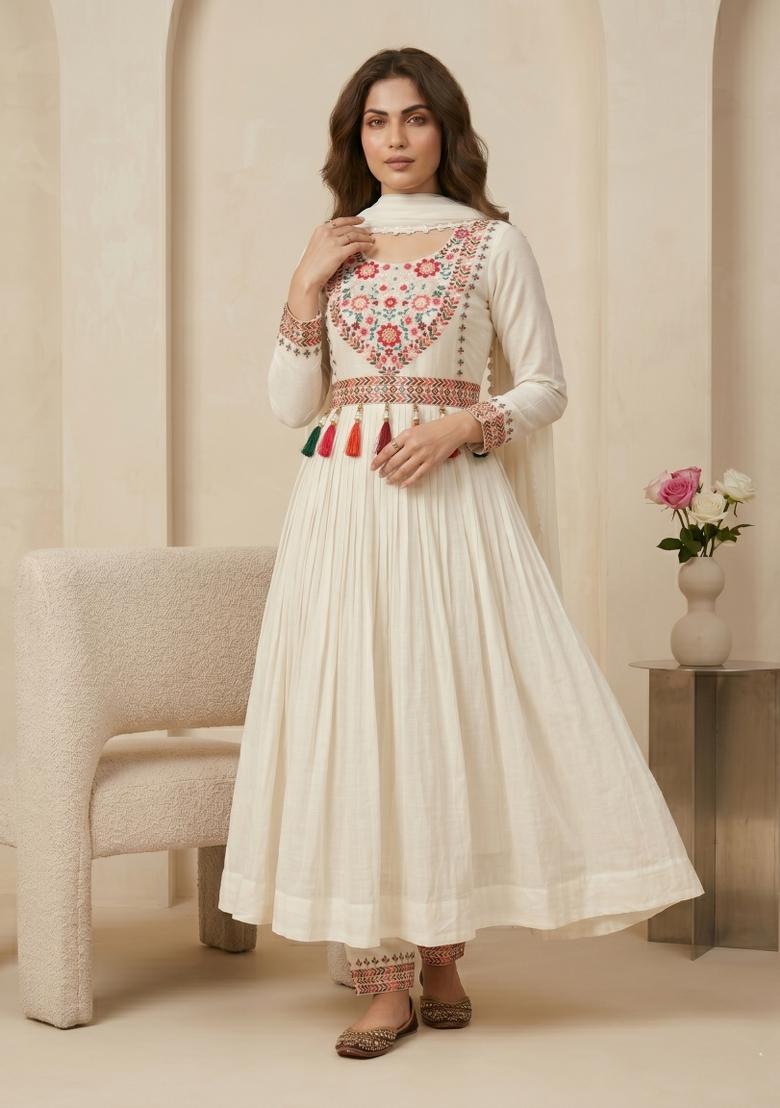 White Sequin Work Silk Kurta Set - Indya