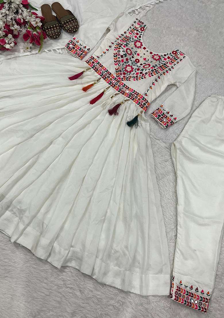 White Sequin Work Silk Kurta Set - Indya
