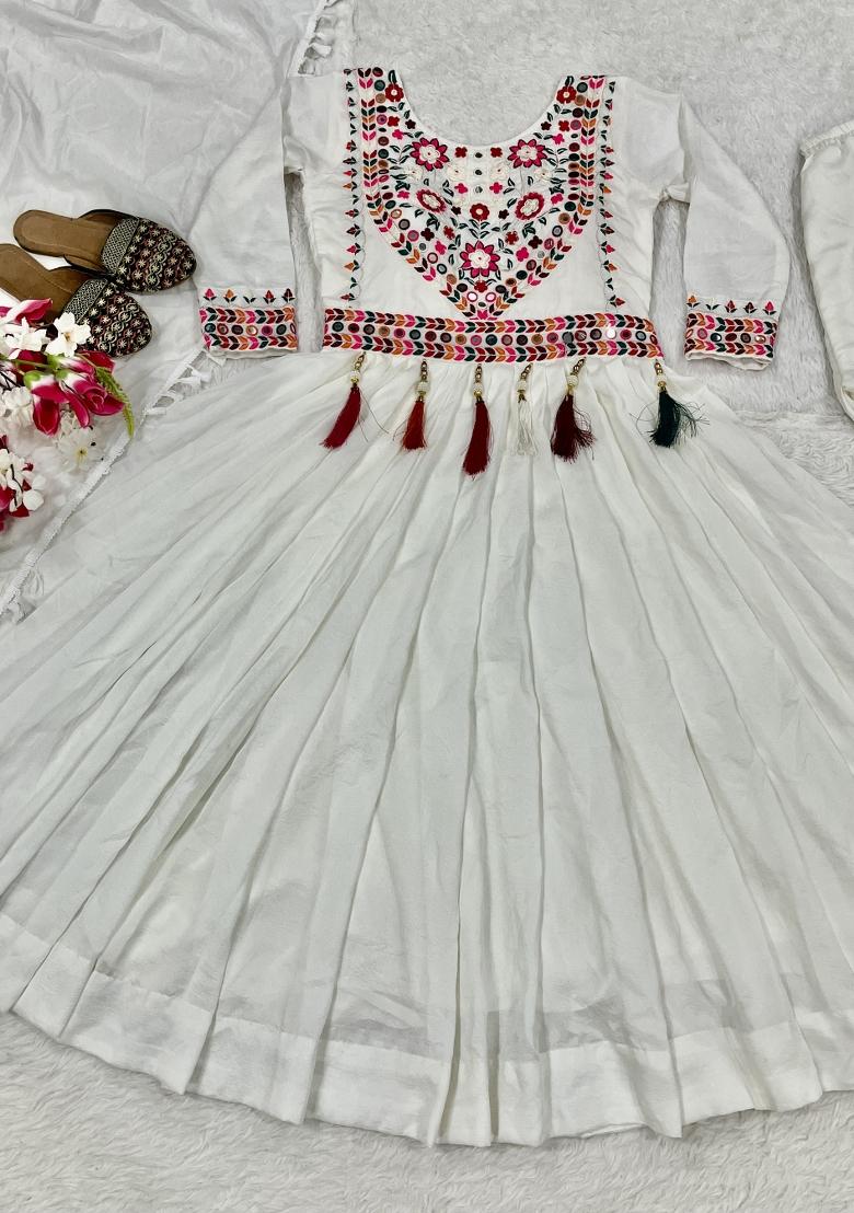 White Sequin Work Silk Kurta Set - Indya
