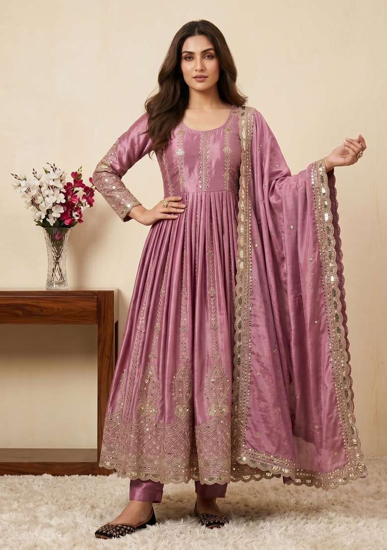Pink Sequin Work Silk Kurta Set - Indya